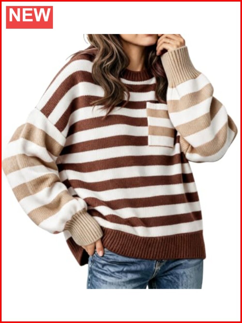 Oversized Striped Color Block Knit Sweater Pullover Crew Neck Long Sleeve